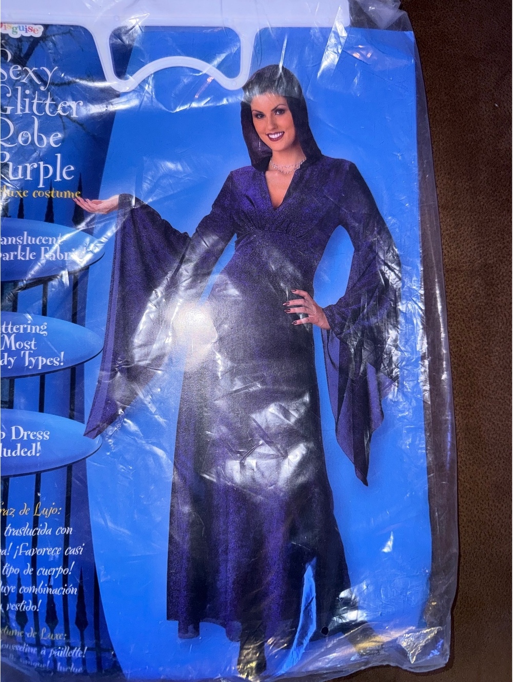 Purple Glitter Hooded Witch Robe Costume Sparkle Bell Sleeve Halloween Dress